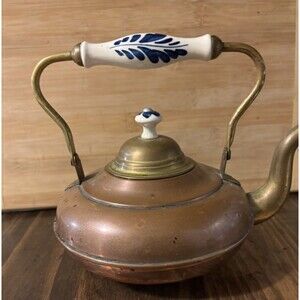 Copper Brass Tea Pot Kettle Ceramic and Copper Handle Delft Blue Holland